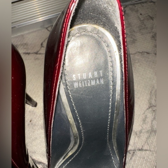 Stuwart Weitzman red metallic leather peep toe heel 9.5 Christmas holiday formal - Picture 3 of 15